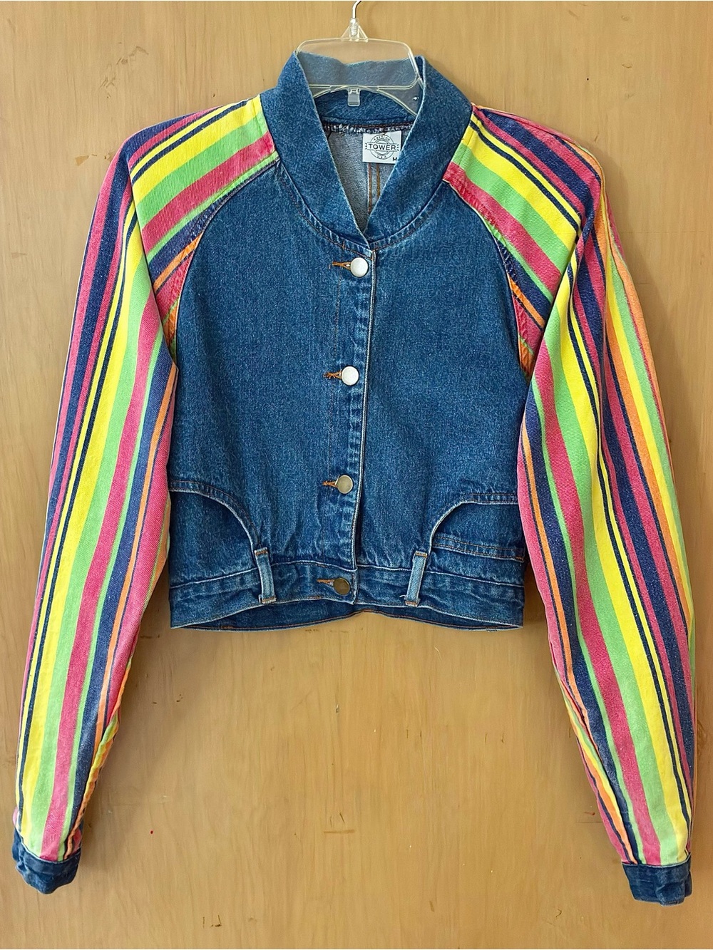 Vintage 80s Womens Denim Jean Jacket Fashion Tower Medium Rainbow Striped Sleeve
